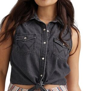 Wrangler Western Snap Shirt Tie Front Sleeveless Denim Festival Cowgirl XL NWT